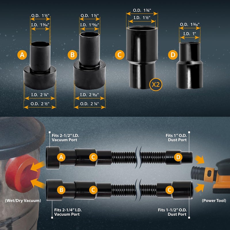 POWERTEC مجموعة خرطوم جمع الغبار POWERTEC 70175 بطول 10 قدم مع 5 ملحقات لأدوات النجارة المنزلية ومكانس الرطب/الجاف - Image 4